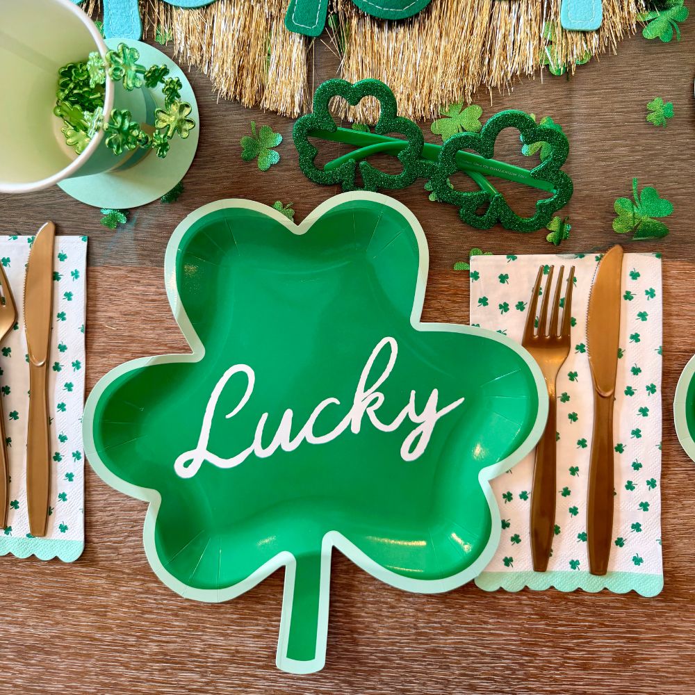 Clover napkins styled on St. Patrick's Day table with other coordinating tableware