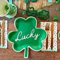 Clover napkins styled on St. Patrick's Day table with other coordinating tableware