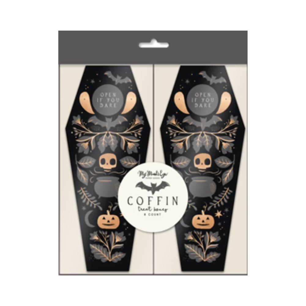 Packaged set of 8 black and gold foil Coffin Treat Boxes with Halloween designs.