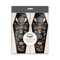 Packaged set of 8 black and gold foil Coffin Treat Boxes with Halloween designs.