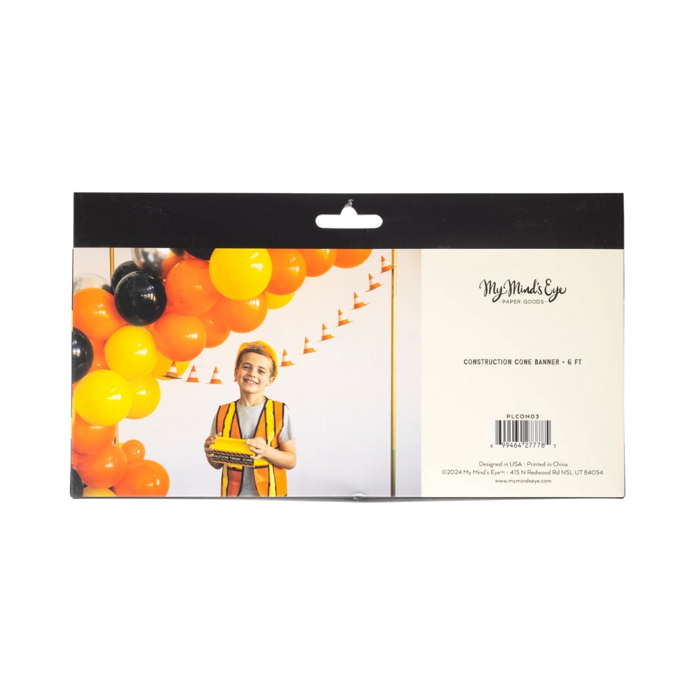 Packaging of Construction Cone Banner with boy smiling in front of it