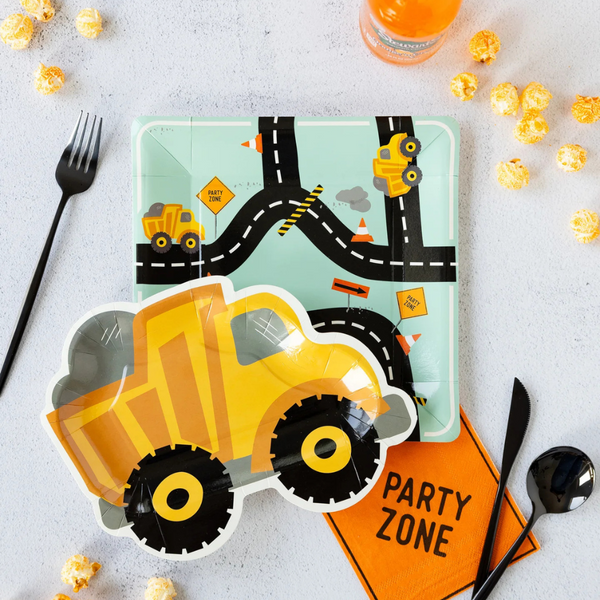 Dump truck plate styled on construction-themed tablescape