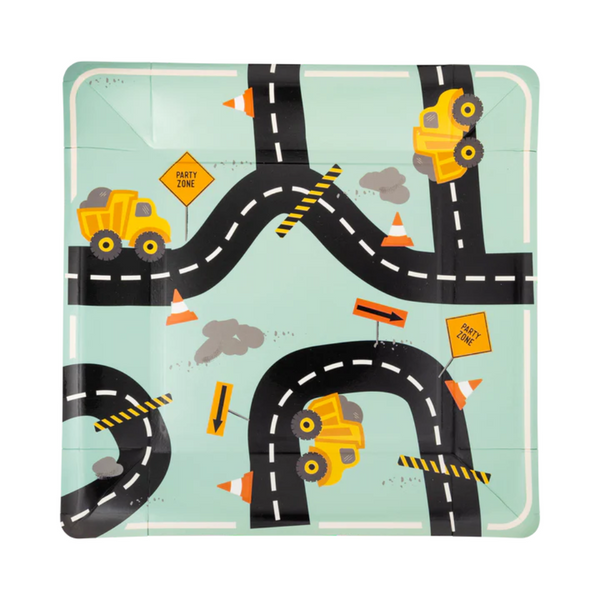 Overhead view of wrapped 9-inch square paper plate with construction-themed road design