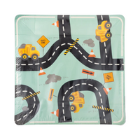 Unwrapped Construction Road Plate featuring trucks, cones, and winding roads on a light blue background