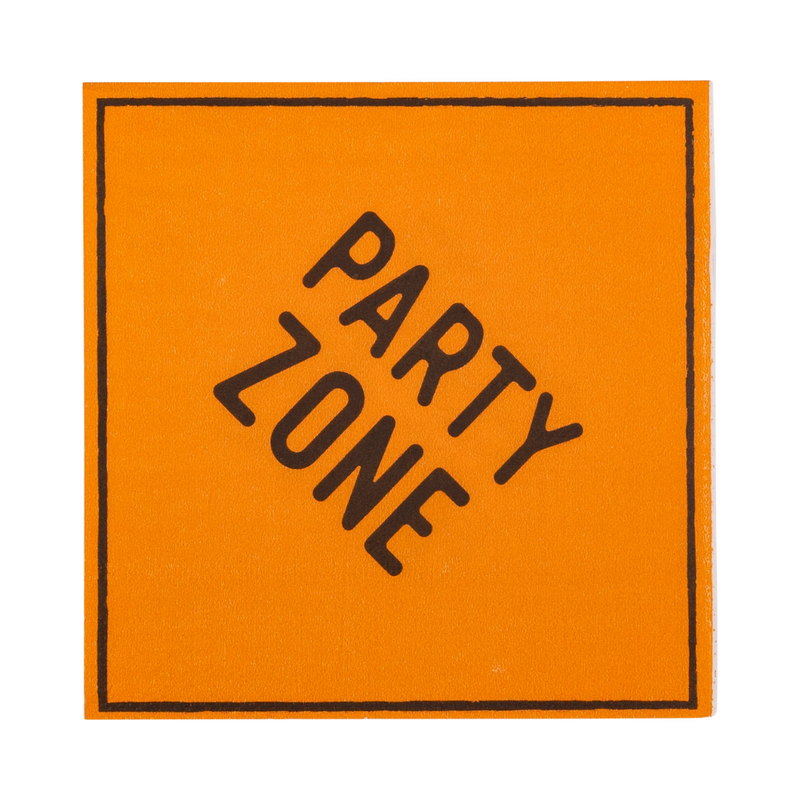 Single orange cocktail napkin with “Party Zone” text in black