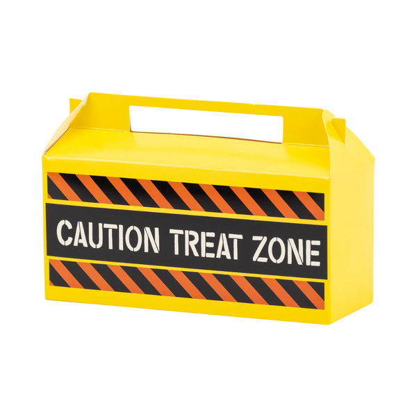 Assembled yellow treat box with caution stripes and bold label