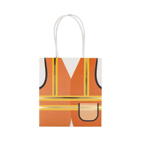 Front view of vest treat bag showing full design with pocket and gold foil stripes
