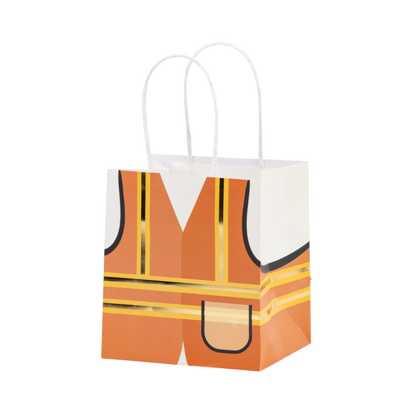 Angled view of a single vest-themed treat bag with twisted paper handles