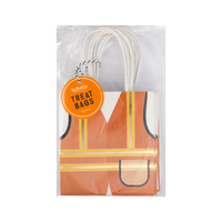 Packaged set of six construction vest treat bags with handles and round orange tag
