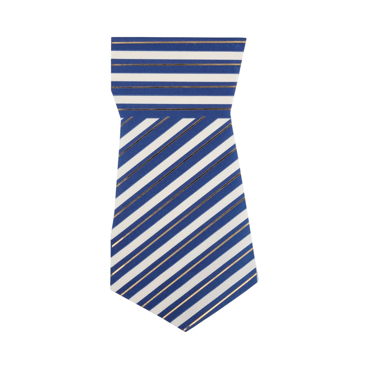 Unwrapped tie-shaped paper napkin with diagonal navy blue and white stripes, accented with gold foil detailing.