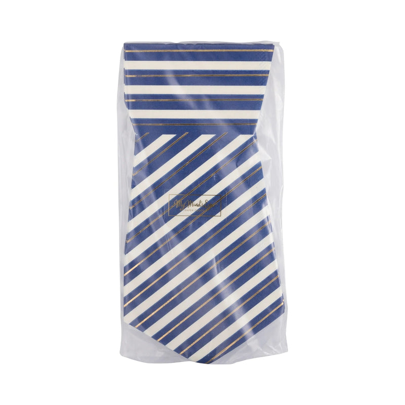 Front view of tie-shaped paper napkins in clear packaging, featuring navy blue and white stripes with gold foil details.