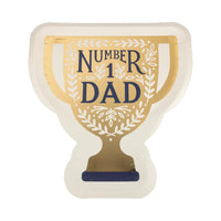 A standalone image of the Number 1 Dad Trophy Plate, showcasing its gold foil detailing and trophy shape.
