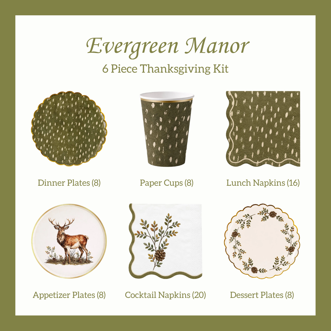 Collage of the Evergreen Manor Thanksgiving Party Kit with olive green stag dinner plates, foliage appetizer plates, matching napkins, and green cups for 8.