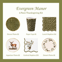 Collage of the Evergreen Manor Thanksgiving Party Kit with olive green stag dinner plates, foliage appetizer plates, matching napkins, and green cups for 8.
