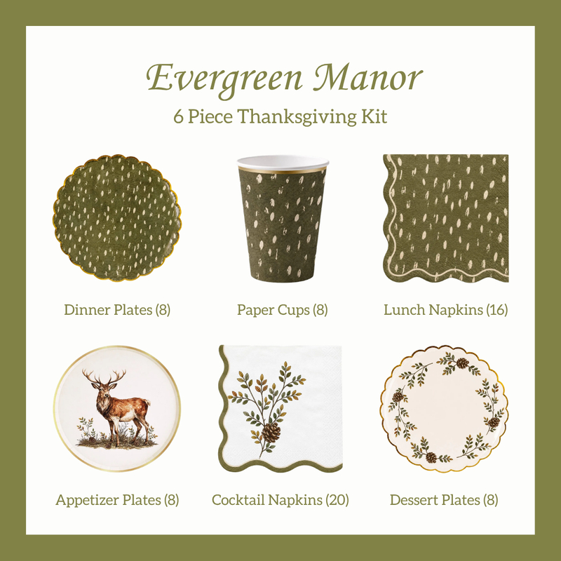 Collage of the Evergreen Manor Thanksgiving Party Kit with olive green stag dinner plates, foliage appetizer plates, matching napkins, and green cups for 8.