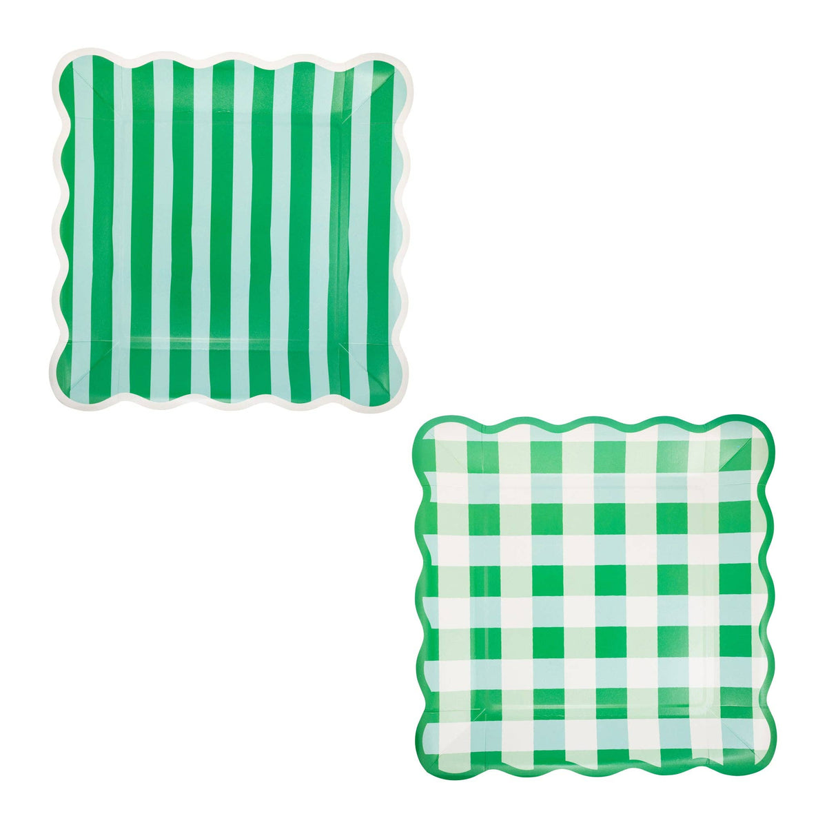 Gingham and stripe scalloped square paper plates in green and cream