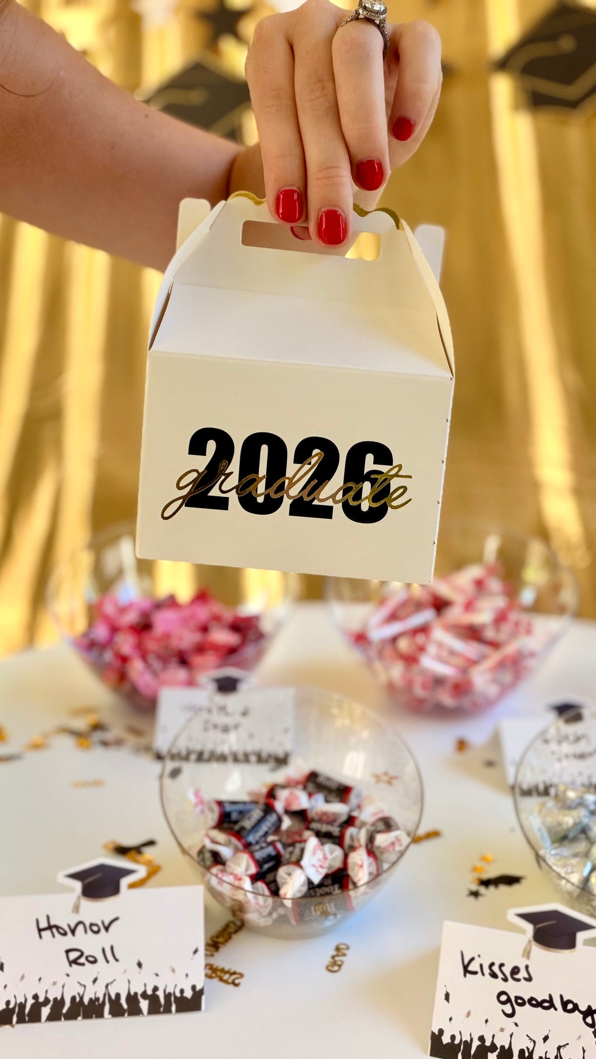 White and Gold Foil "2026 Graduate" Gable Treat Boxes