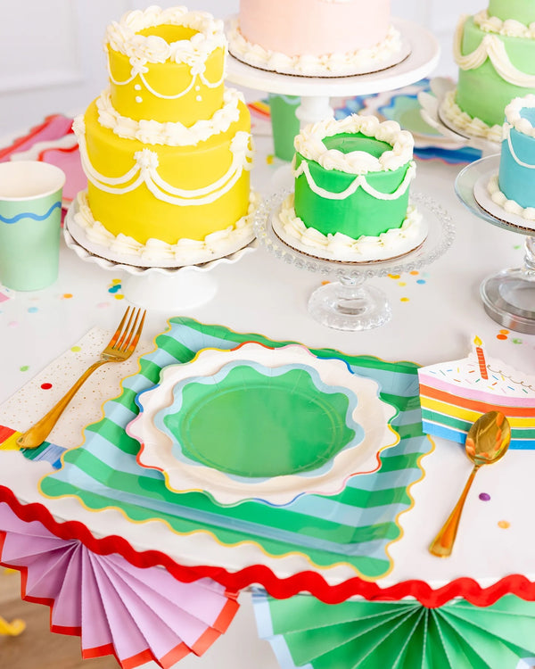 Rainbow Wavy Paper Plates on a Birthday Party Table