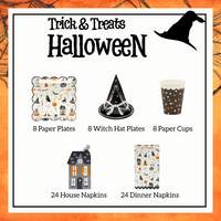 Halloween-themed party supplies including paper plates, witch hat plates, paper cups, house napkins, and dinner napkins on a decorative background.