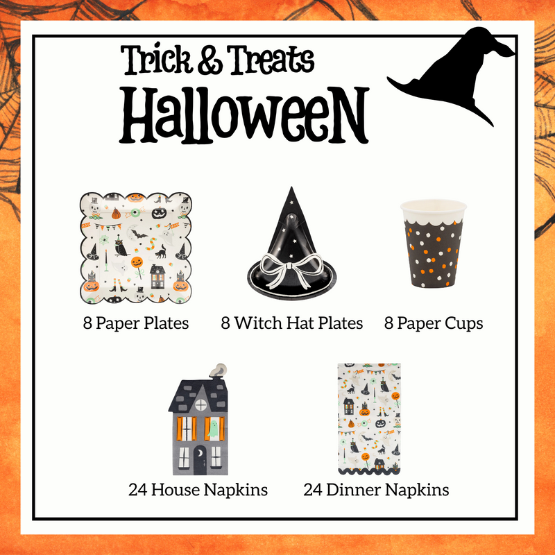 Halloween-themed party supplies including paper plates, witch hat plates, paper cups, house napkins, and dinner napkins on a decorative background.