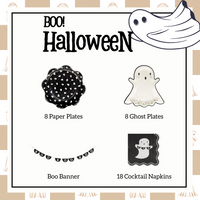 Marketing collage graphic for the Boo Ghost Halloween Party-in-a-Box kit: center features product illustrations—black scatter plate, ghost appetizer plate, felt BOO banner, and ghost cocktail napkin—each labeled with quantities; bold “BOO! Halloween” headline, dancing ghost clip-art and beige ghost-pattern border frame the layout, visually summarizing contents, 8-guest capacity and cohesive spooky-cute aesthetic to catch attention on social media or e-commerce listings.