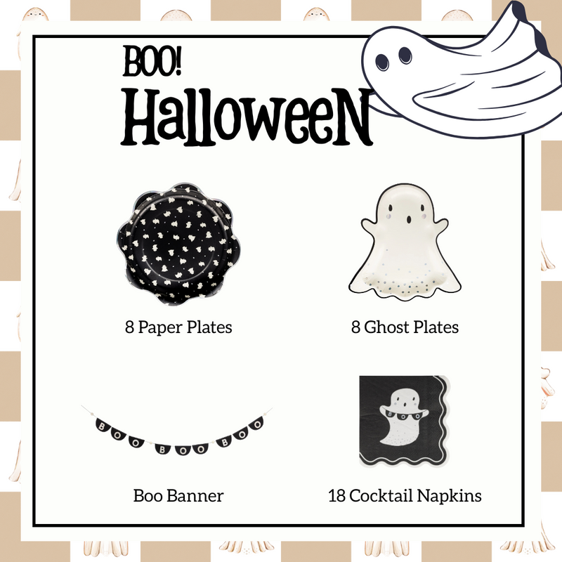 Marketing collage graphic for the Boo Ghost Halloween Party-in-a-Box kit: center features product illustrations—black scatter plate, ghost appetizer plate, felt BOO banner, and ghost cocktail napkin—each labeled with quantities; bold “BOO! Halloween” headline, dancing ghost clip-art and beige ghost-pattern border frame the layout, visually summarizing contents, 8-guest capacity and cohesive spooky-cute aesthetic to catch attention on social media or e-commerce listings.