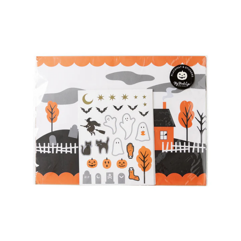 Packaged Halloween Placemat With Stickers set showing placemat scene and sticker sheet with ghosts, pumpkins, and bats.