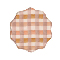 Large pastel checkered dinner plate with a scalloped edge, featuring a peach and mustard watercolor plaid design. Perfect for elegant entertaining, brunches, and special gatherings.