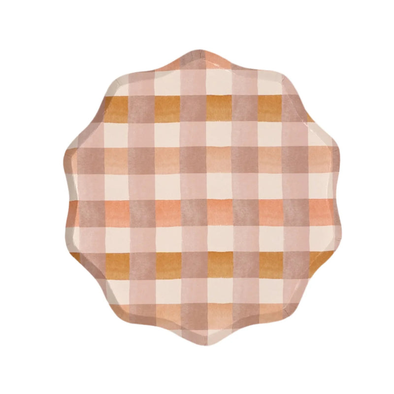 Large pastel checkered dinner plate with a scalloped edge, featuring a peach and mustard watercolor plaid design. Perfect for elegant entertaining, brunches, and special gatherings.