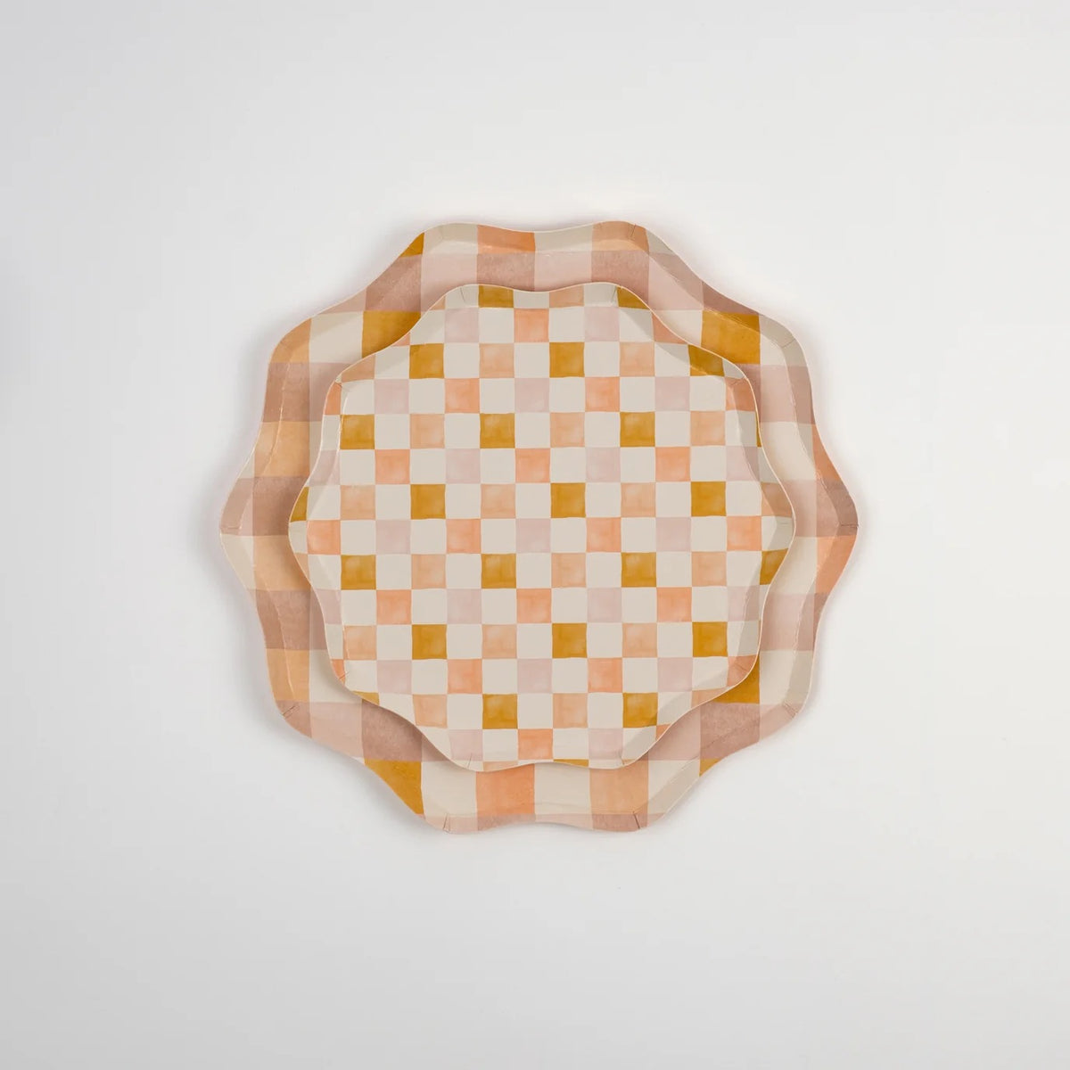 Set of Harmony Dinner Plates stacked with coordinating pastel checkered and plaid plates, creating a layered, elegant look for parties, picnics, and holiday gatherings.