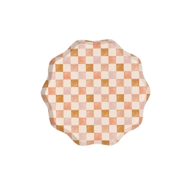 Peach and pink checkered dessert plate with a scalloped edge, featuring a watercolor-inspired gingham design. Perfect for brunches, baby showers, and stylish gatherings.