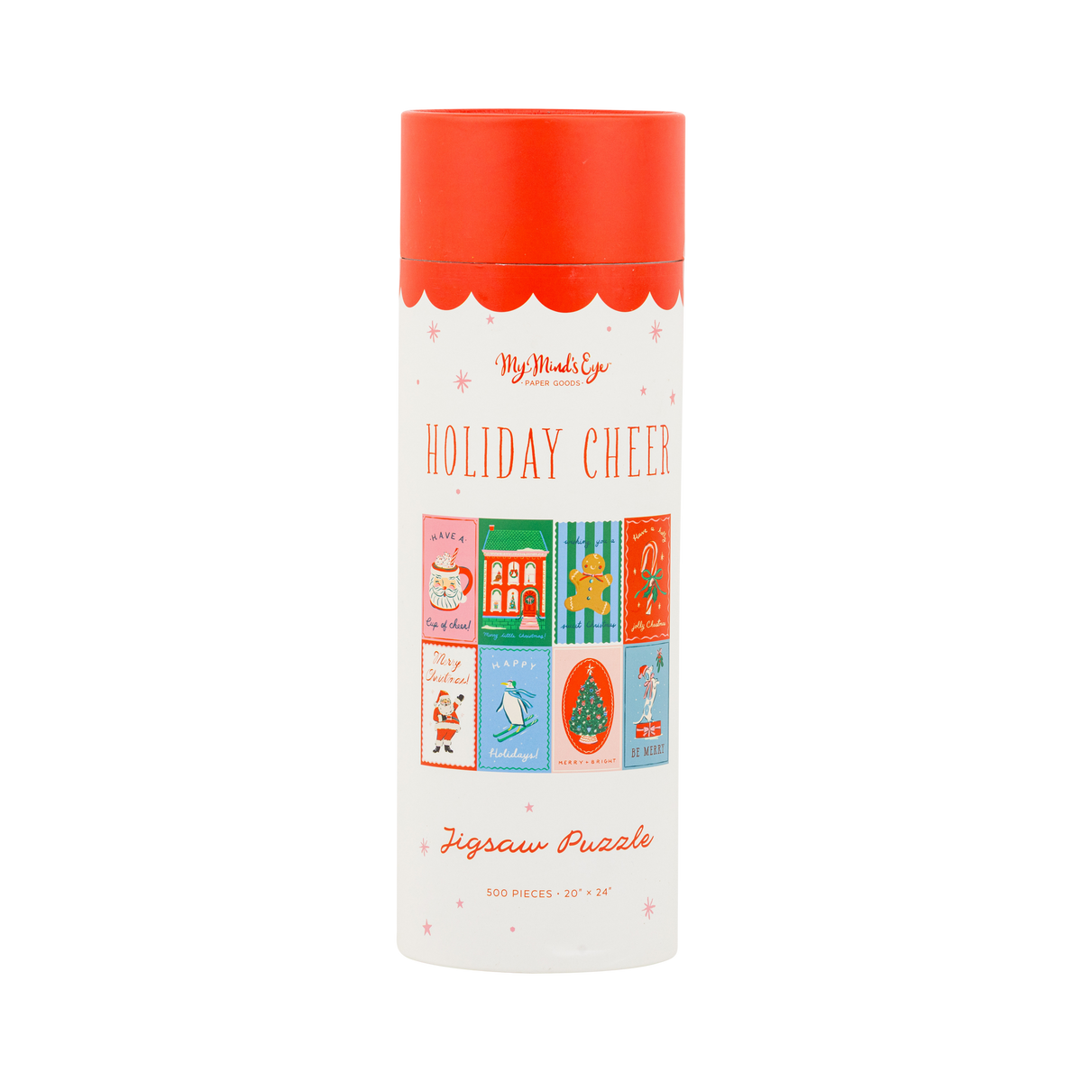 Holiday Cheer 500 piece Christmas jigsaw puzzle in its cylindrical gift tube