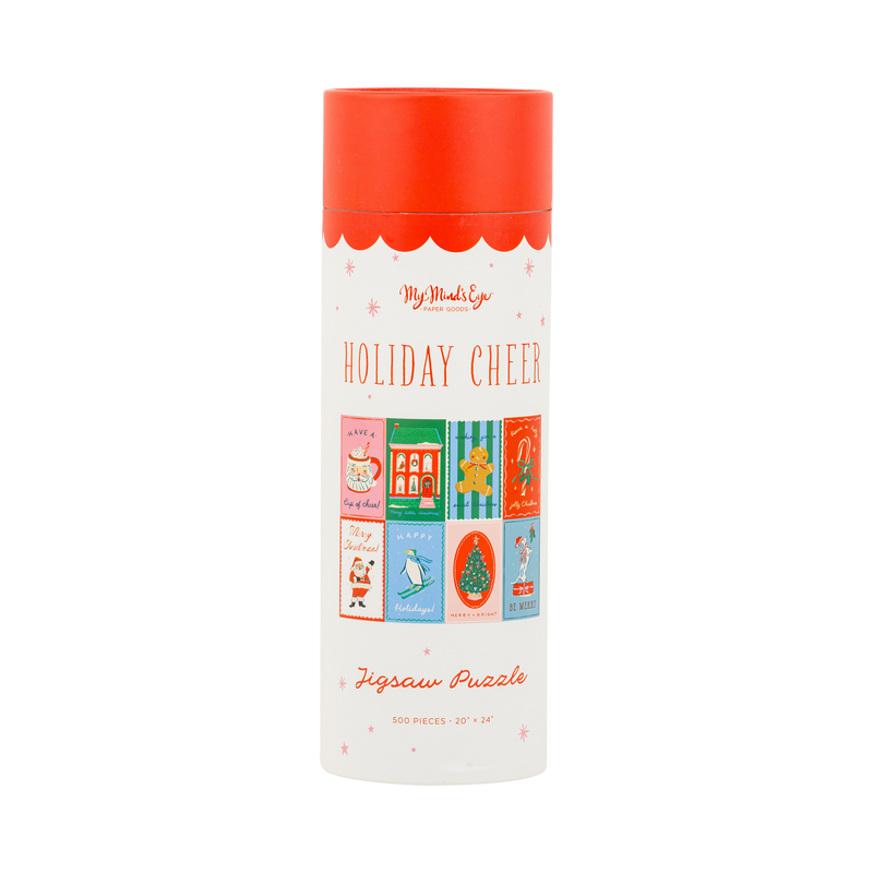Holiday Cheer 500 piece Christmas jigsaw puzzle in its cylindrical gift tube