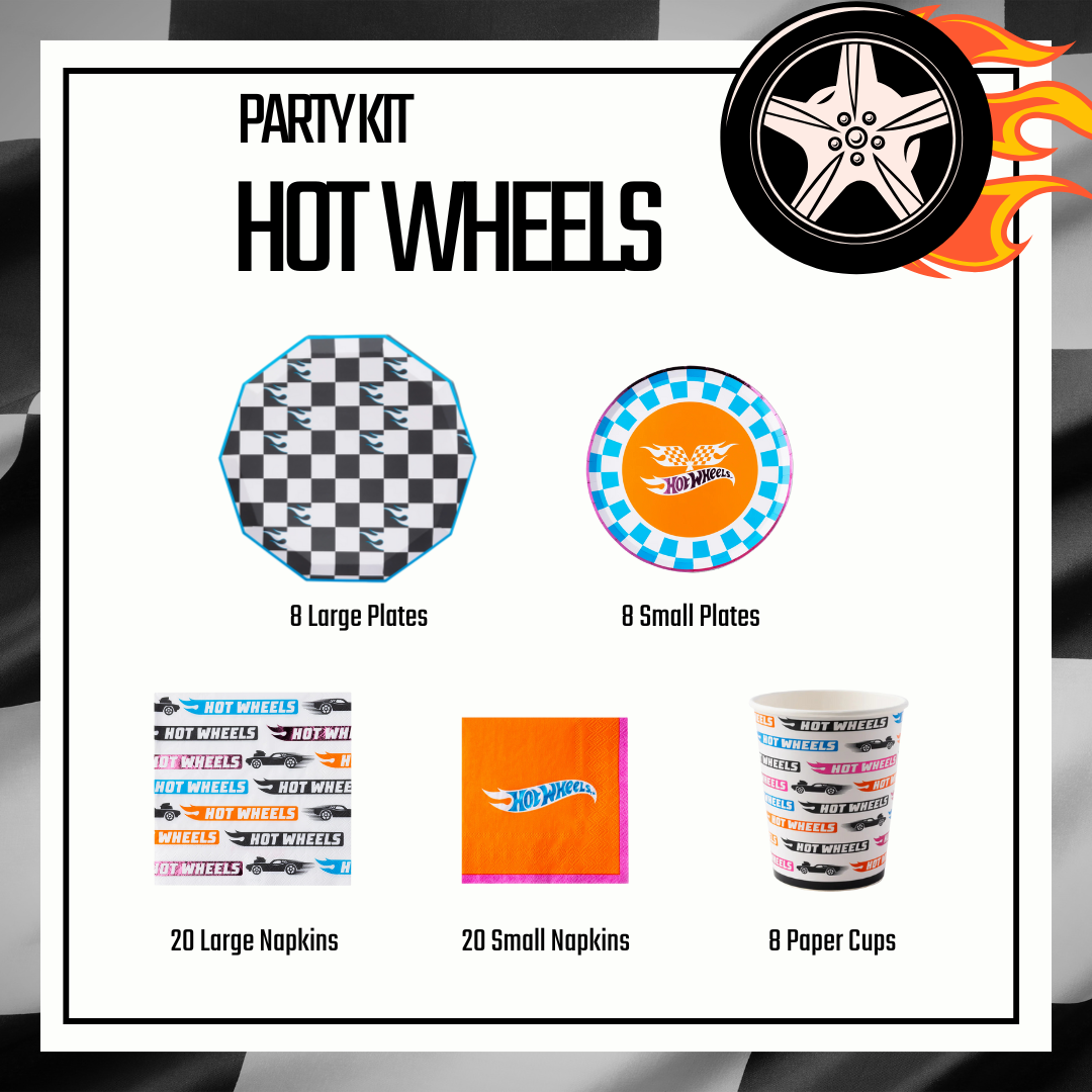 Hot Wheels Party Kit collage showing all 5 items: race car party supplies plates, cups, and napkins for a hot wheels birthday.