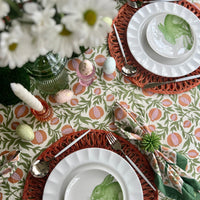 Spring floral tablecloth on an Easter tablescape.