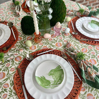 Spring floral tablecloth on an Easter tablescape.
