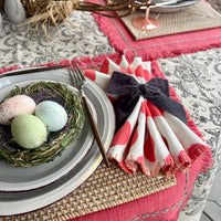 White cloth napkins with pink polka dots and stitching detail design. Lovely for a Mother's Day, Easter or Spring Tablescape.