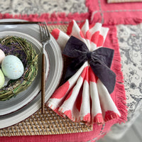 White cloth napkins with pink polka dots and stitching detail design. Lovely for a Mother's Day, Easter or Spring Tablescape.