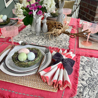 White cloth napkins with pink polka dots and stitching detail design. Lovely for a Mother's Day, Easter or Spring Tablescape.