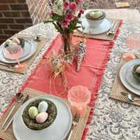 Pink table runner with fringe and stitching details - perfect for a Spring, Mother's Day or Easter table.
