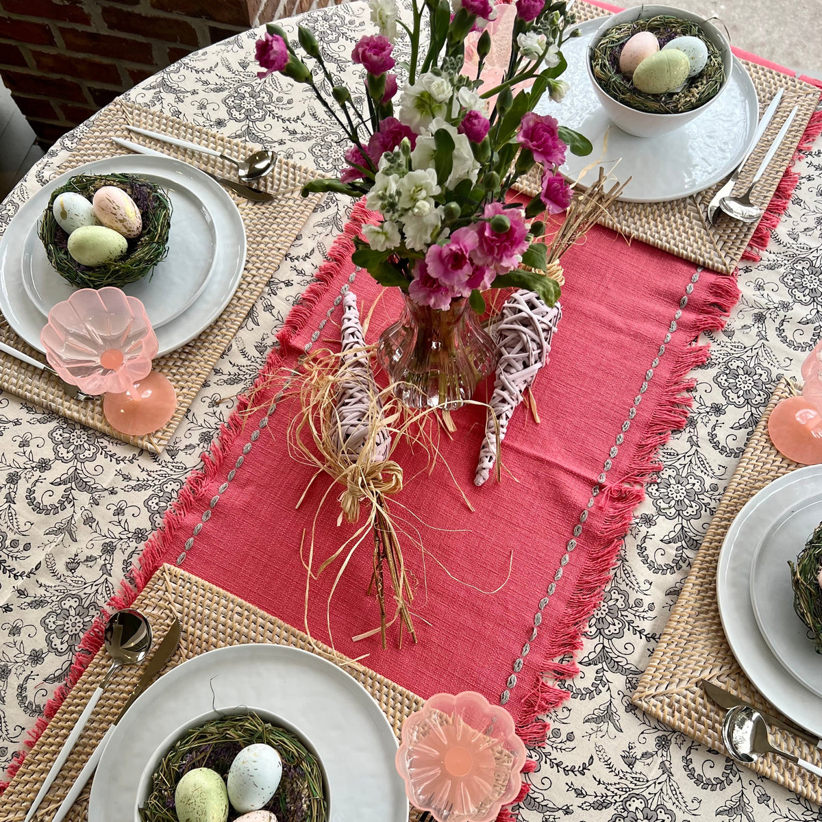 Pink table runner with fringe and stitching details - perfect for a Spring, Mother's Day or Easter table.