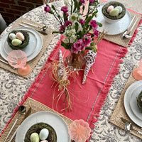 Pink table runner with fringe and stitching details - perfect for a Spring, Mother's Day or Easter table.