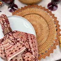 Revitalize your holiday dining with our eco-friendly Kalamkari Napkin Set. Crafted with traditional techniques, these terracotta napkins offer a striking addition to your Thanksgiving table, combining the artistry of block printing with the natural beauty of plant-based dyes.