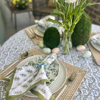 Blue and green jeweled napkin ring on a silver napkin ring - perfect for a Spring table or Mother's Day Brunch decor.