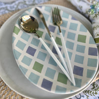 Easter plates shaped like oval eggs with different blue and green designs - perfect for Spring Table