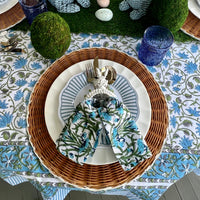 Blue Tablecloth perfect for an Easter or Spring table. This floral tablecloth is 100% block print cotton.