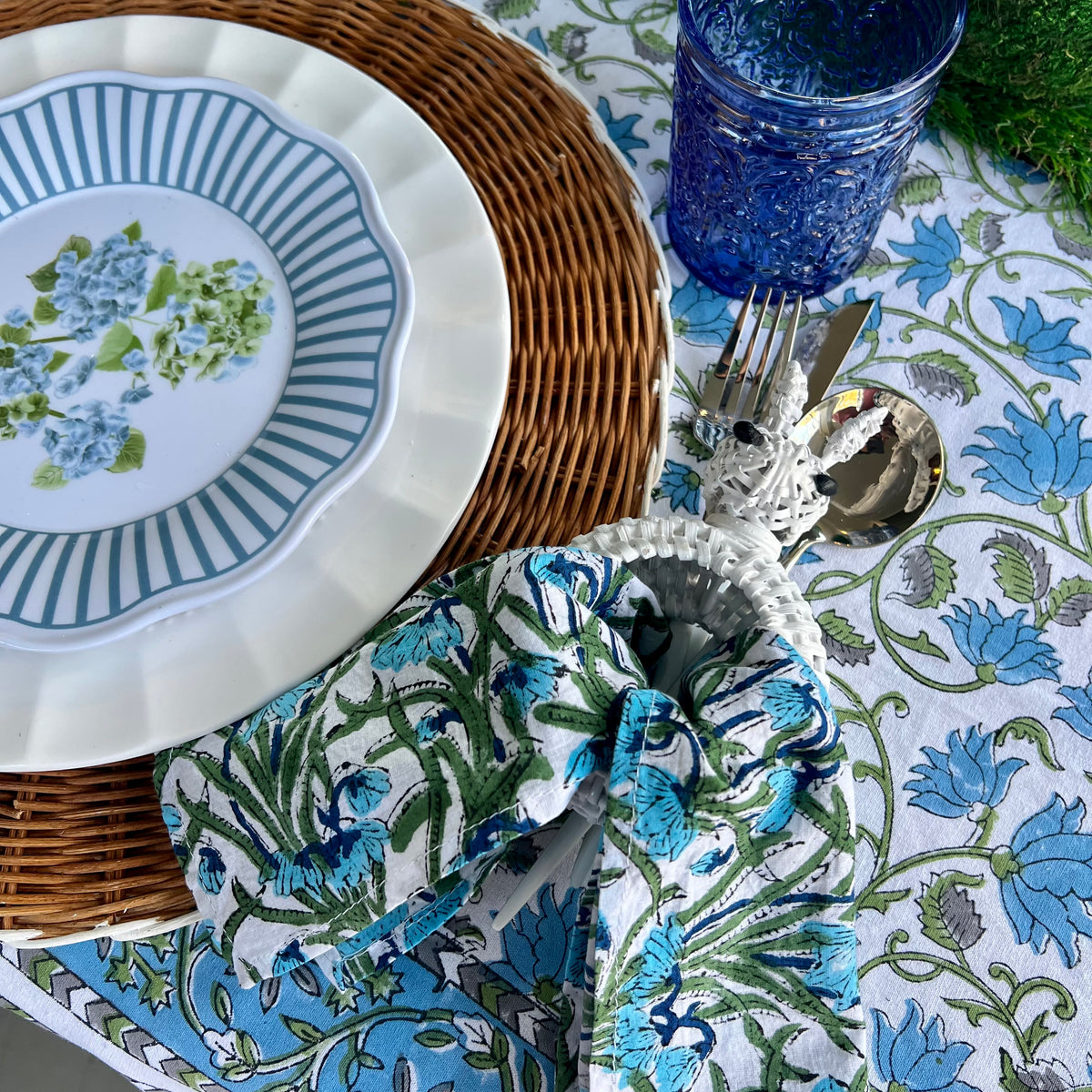 Blue and Green floral cotton napkins that are perfect for a Spring or Summer table