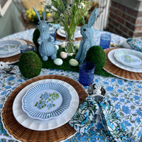 Blue Tablecloth perfect for an Easter or Spring table. This floral tablecloth is 100% block print cotton.