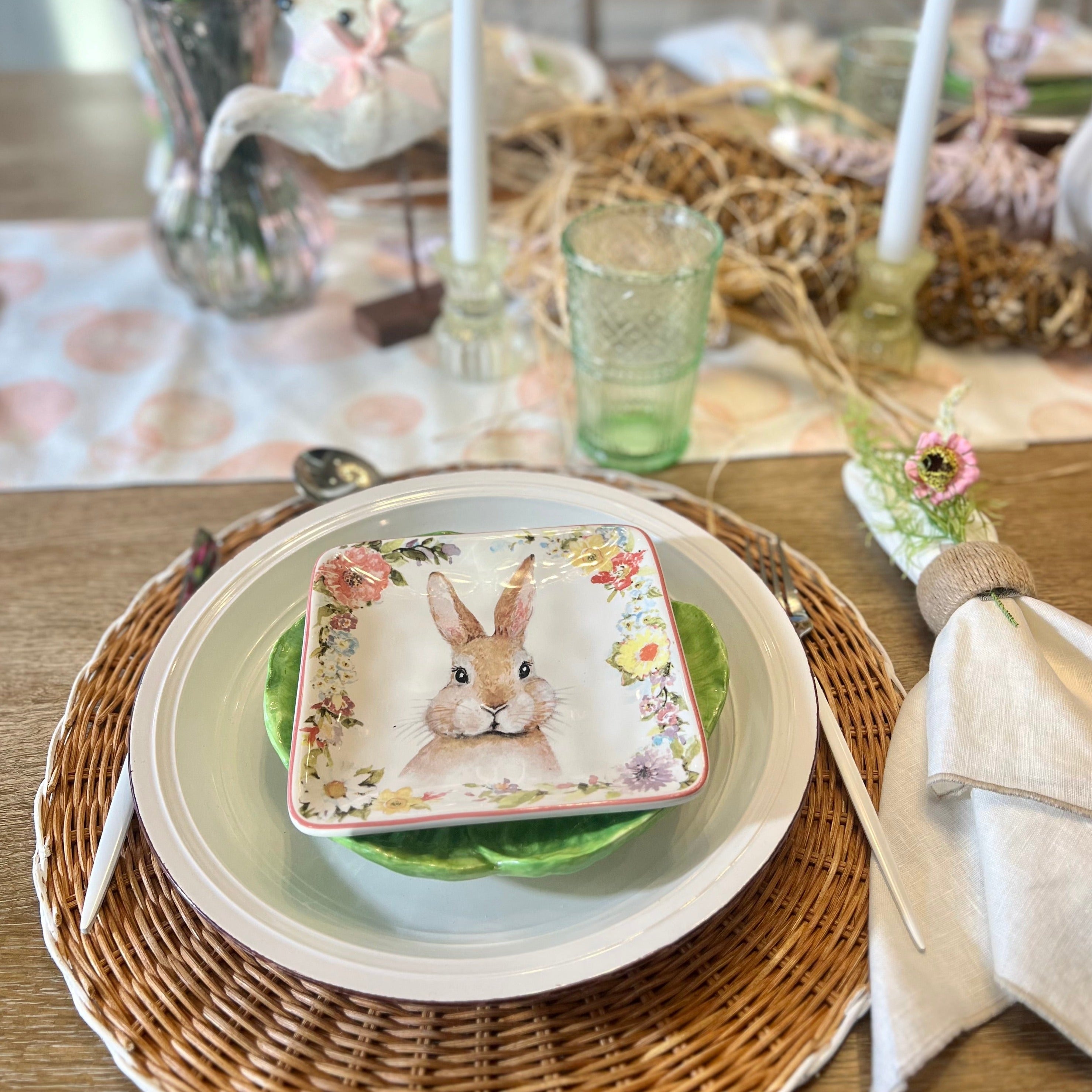 Square Pink Bunny Easter Plates Set of 4 Moment and Co Tablescapes Moment Co