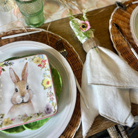 White linen napkins with tan stitched border - set of 4
